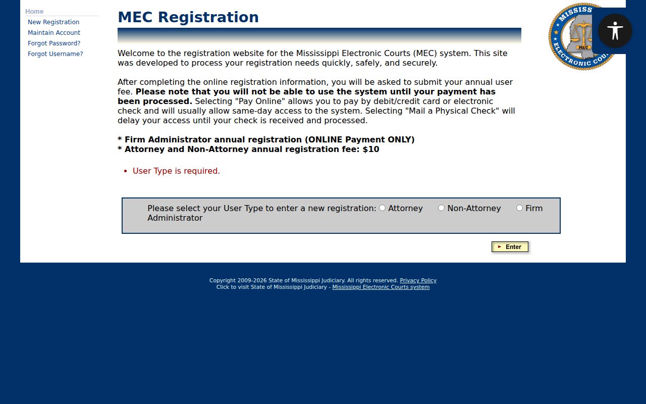 Prentiss County docket search source showing PAMEC public account registration