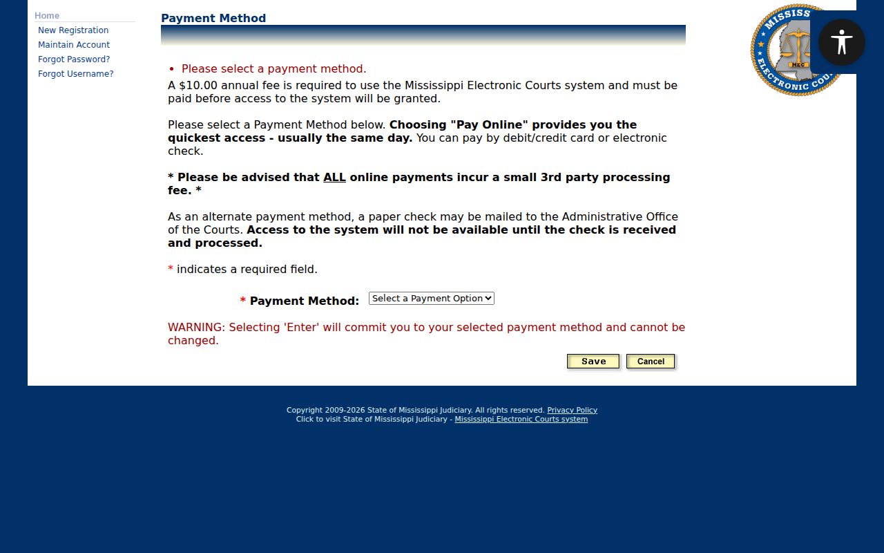 Prentiss County docket search source showing PAMEC annual public access payment
