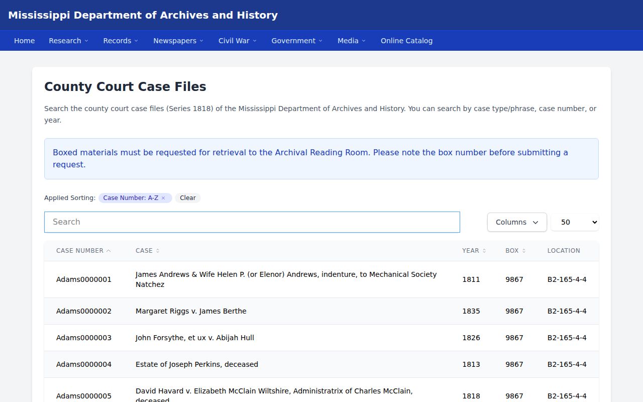 Prentiss County civil docket source for Mississippi Department of Archives county court records