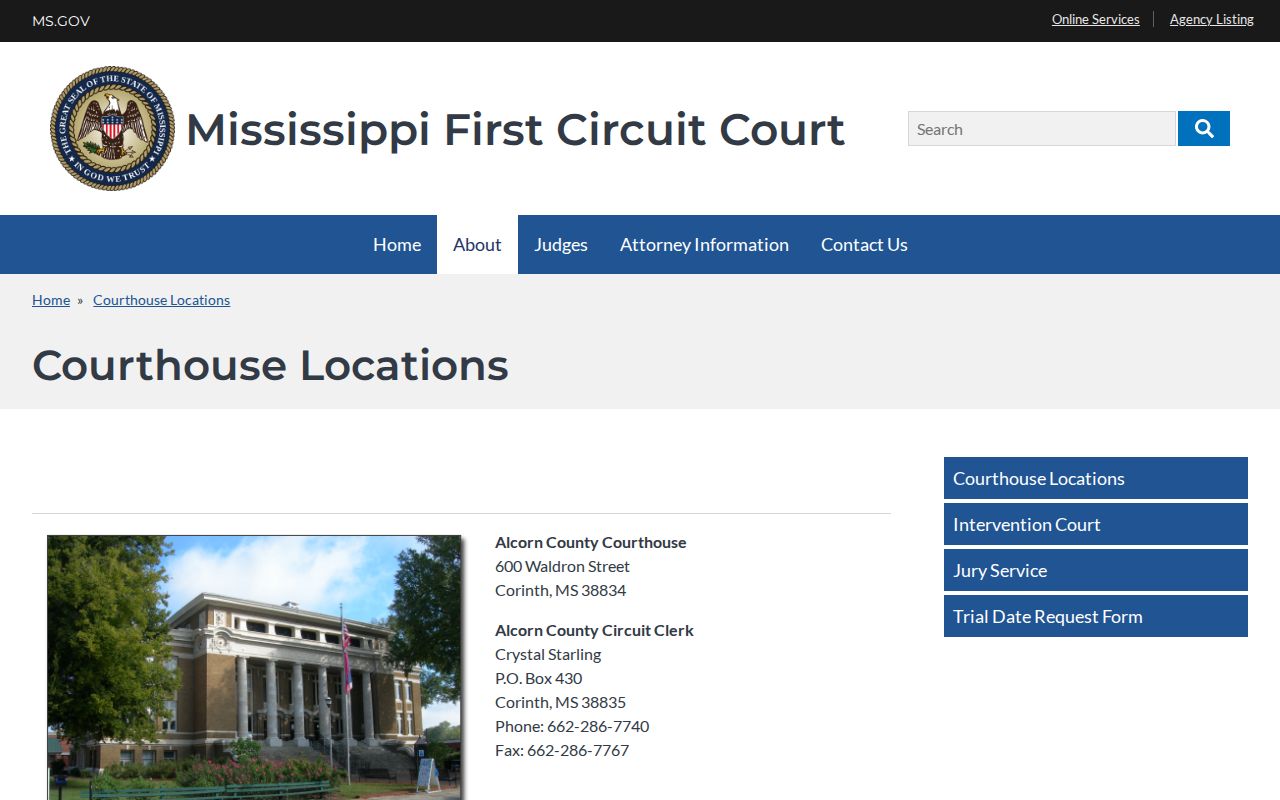 Prentiss County court schedule source showing the First Circuit courthouse