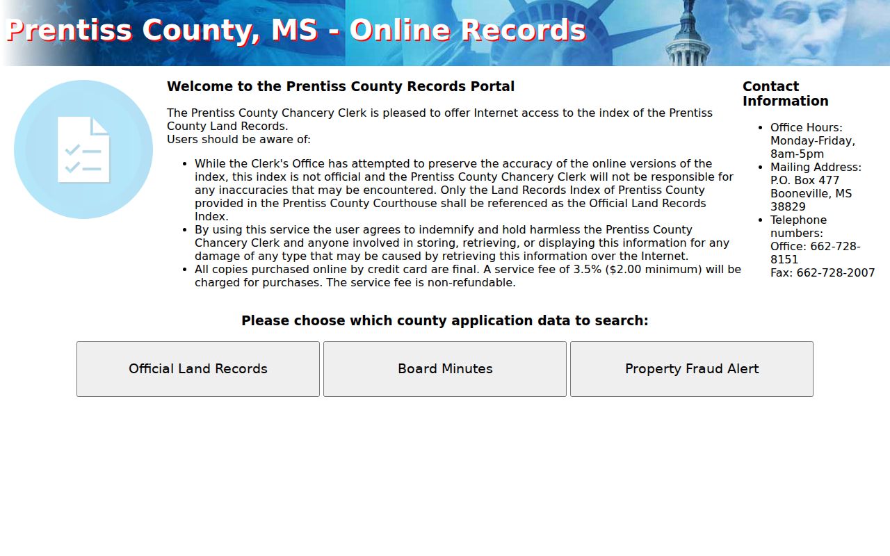 Prentiss County court records portal linked by the Chancery Clerk