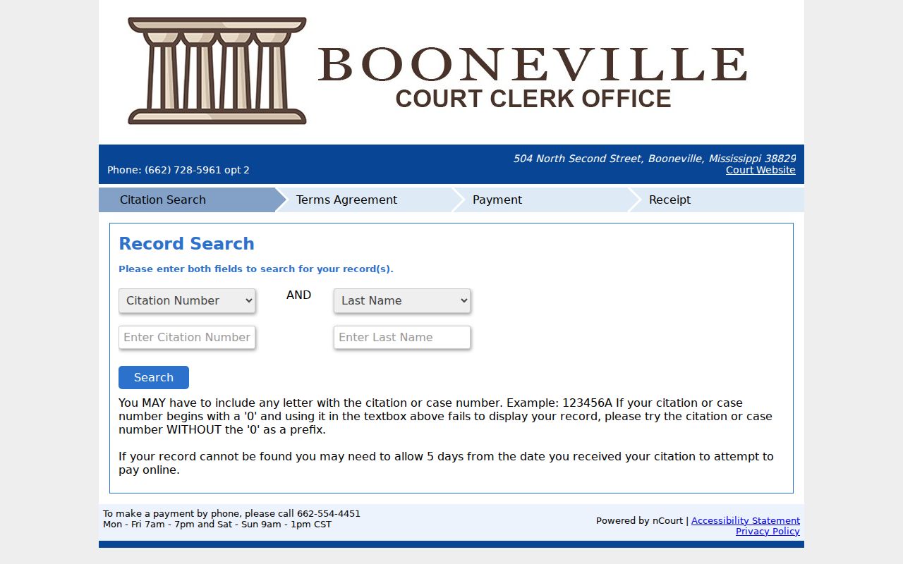 Prentiss County traffic court Booneville nCourt citation lookup and payment interface